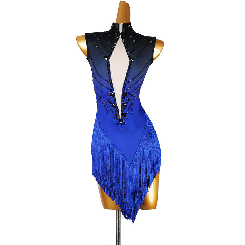 Blue ombre stone latin salsa dance dress rear view showing the keyhole back