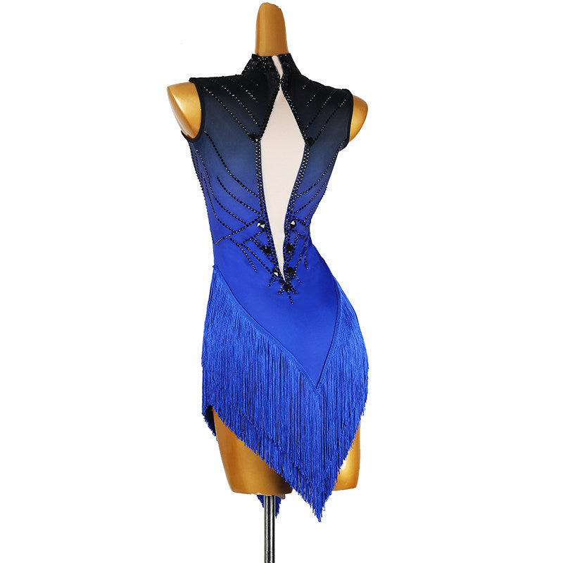 Blue ombre stone latin salsa dance dress showing the open back from behind