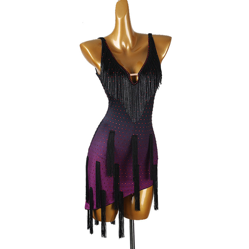 Wine ombre latin salsa dance dress with bead fringe yoke and shaded hem