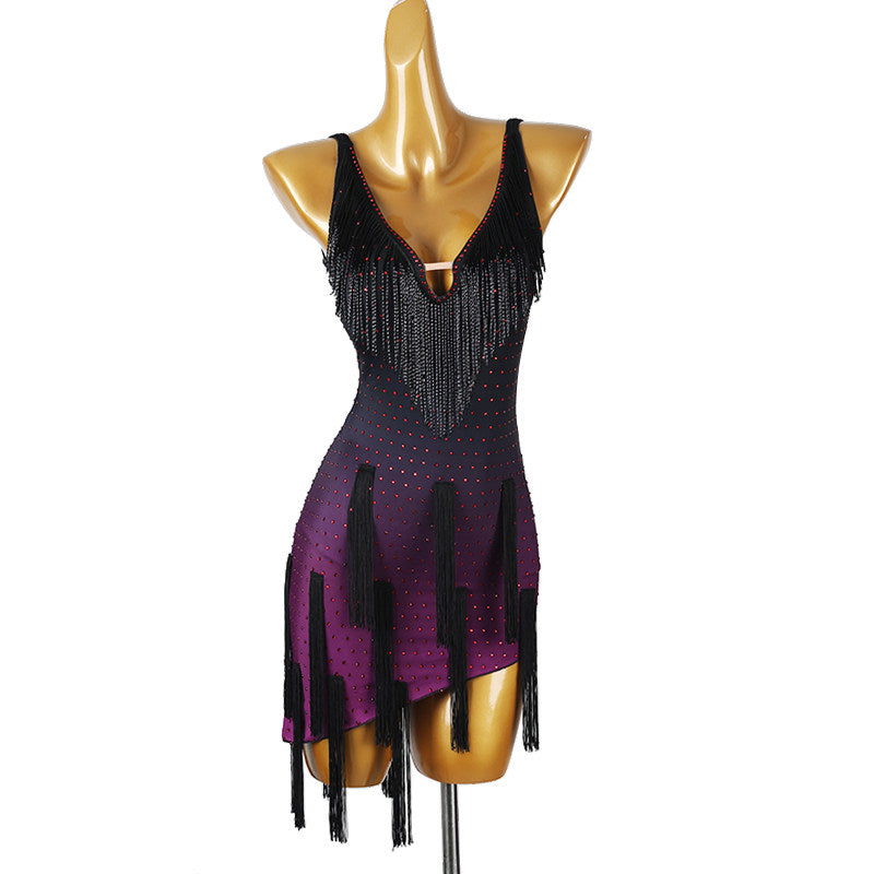Wine ombre latin salsa dance dress angled view showing the fringe layers