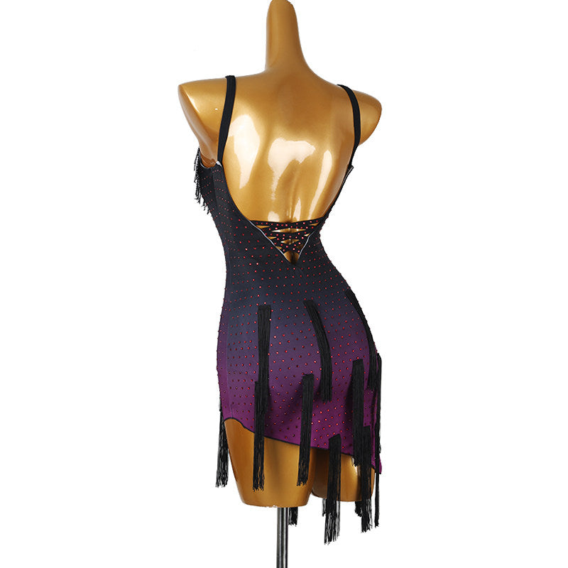 Wine ombre latin salsa dance dress rear view with the cord laced back