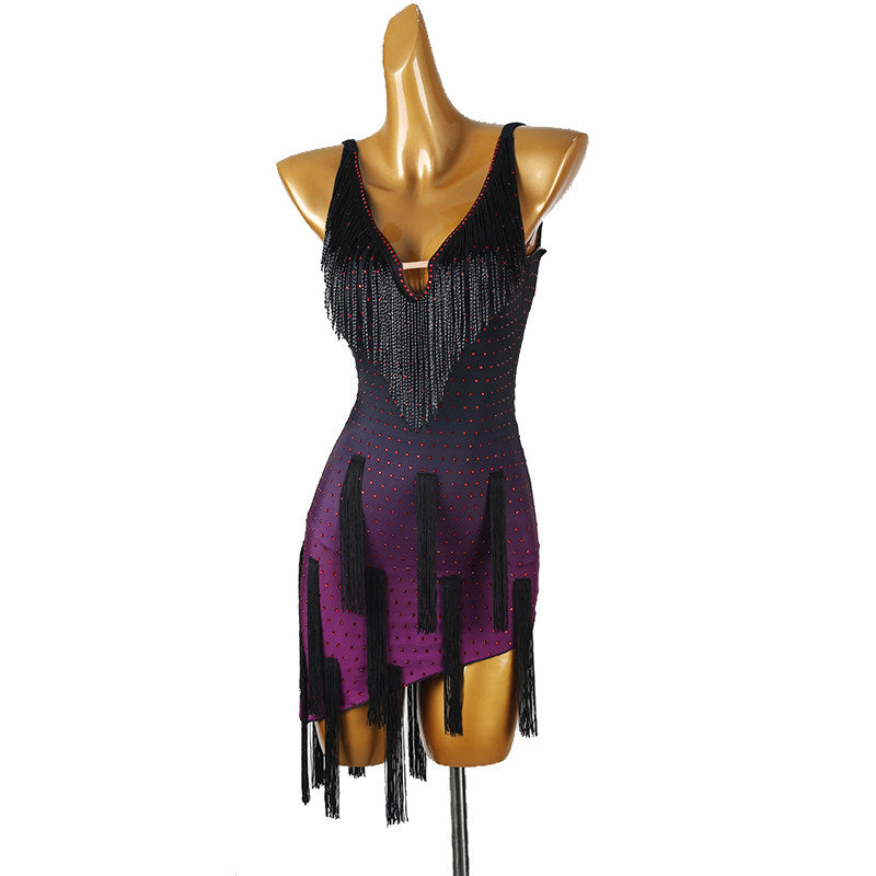 Wine ombre latin salsa dance dress showing the lacing across the bare back