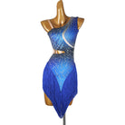 Blue latin salsa dance dress with stone set one shoulder bodice and fringe hem