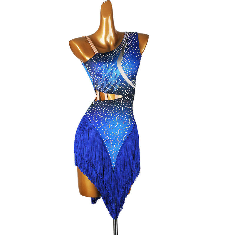 Blue one shoulder latin salsa dance dress angled view showing the cutaway waist