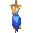 Blue one shoulder latin salsa dance dress rear view with the bare back
