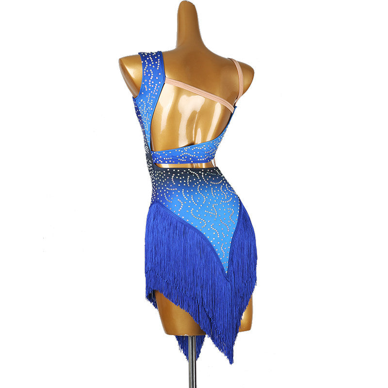 Blue one shoulder latin salsa dance dress side view with the stone setting