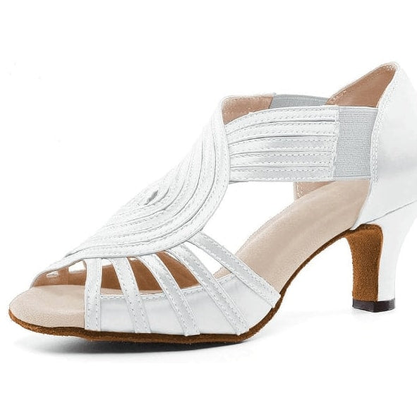 white satin latin dance shoe for women with a fanned multi-strand vamp, ribbed stretch side panel and a flared heel