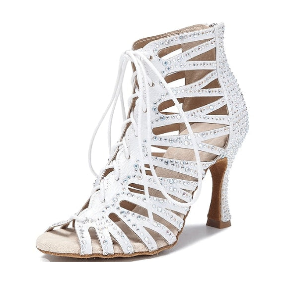 white caged strappy wedding dance boot for women, rhinestone-dotted ribs and lace-up open toe front