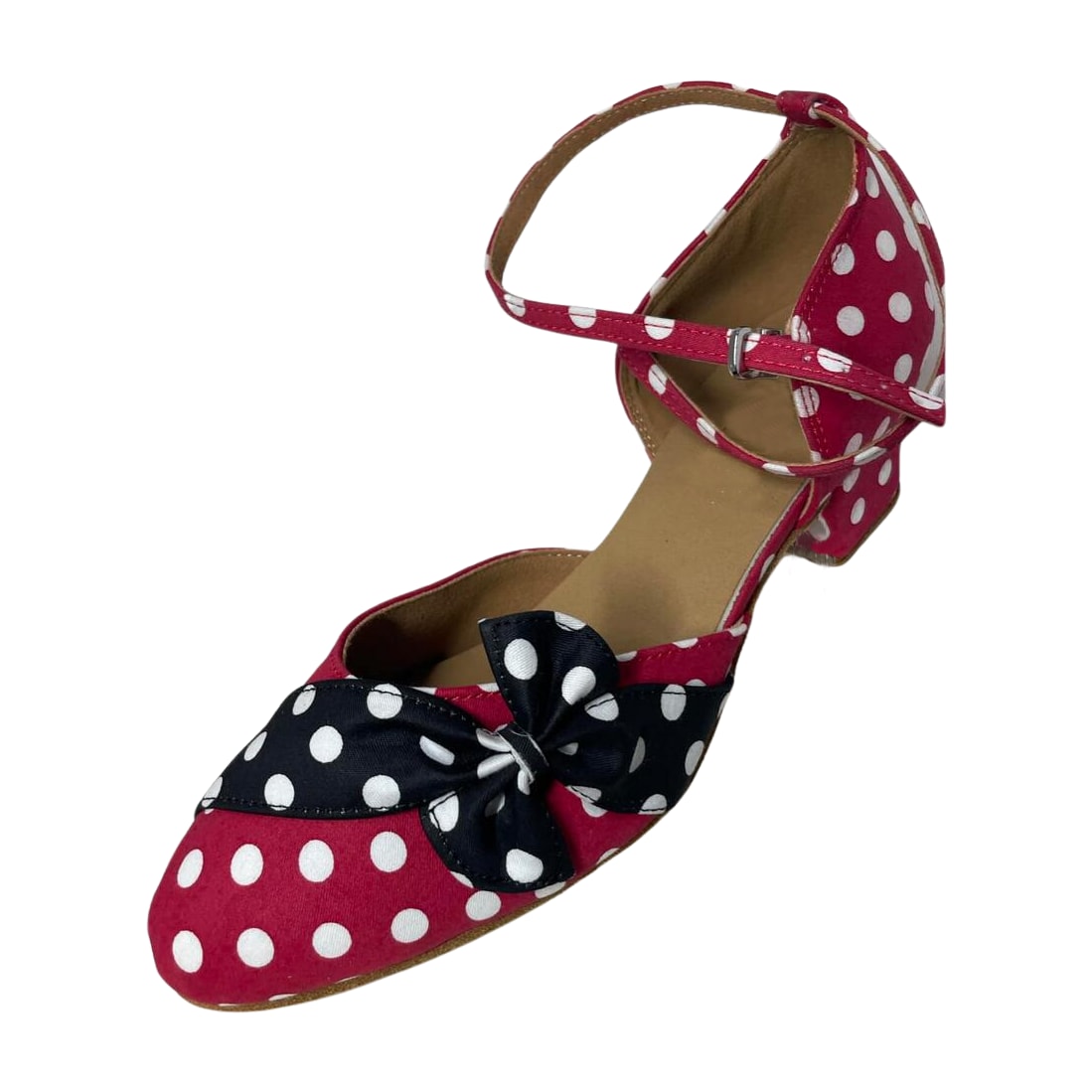 red polka dot closed-toe ballroom dance shoe for women, ankle strap with buckle, black bow accent
