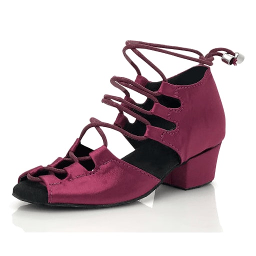 wine red satin lace-up west coast swing dance shoe for women with cutout side panels, peep toe and a low block heel