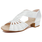 white latin dance shoe for women with a fanned multi-strand vamp, ribbed stretch side panel and a low block heel