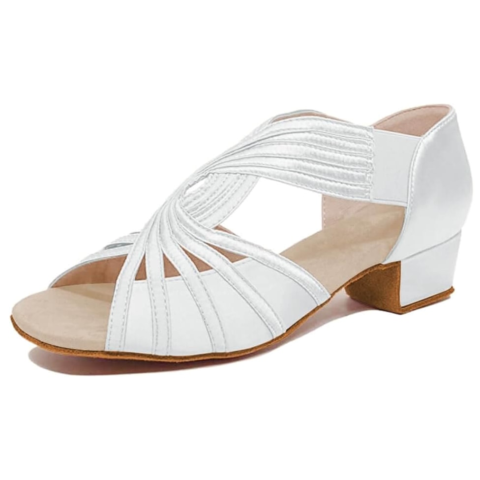 white latin dance shoe for women with a fanned multi-strand vamp, ribbed stretch side panel and a low block heel