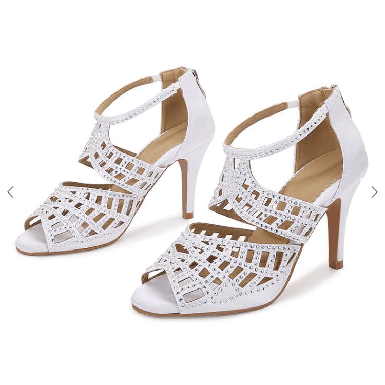 pair of white rhinestone cutout wedding dance shoes for women with peep toe and slim heels
