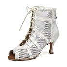 white suede and mesh lace-up open-toe dance boot for women, back zip and flared heel with tan suede sole