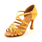 yellow satin dance heel for women with rhinestone-scattered straps and crystal buckle