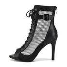 side view of black leather and honeycomb mesh lace-up open-toe dance boot for women, buckled ankle strap
