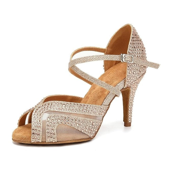 gold glitter latin dance shoe for women with rhinestone straps, mesh panels and slim flared heel