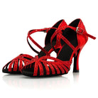 red satin dance shoe for women covered in red rhinestones, strappy open toe and crystal-set heel
