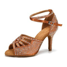 dark tan satin latin dance shoe for women covered in AB rhinestones with strappy open toe
