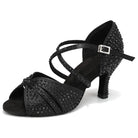 black glitter salsa dance shoe for women with black rhinestones and crystal buckle ankle strap