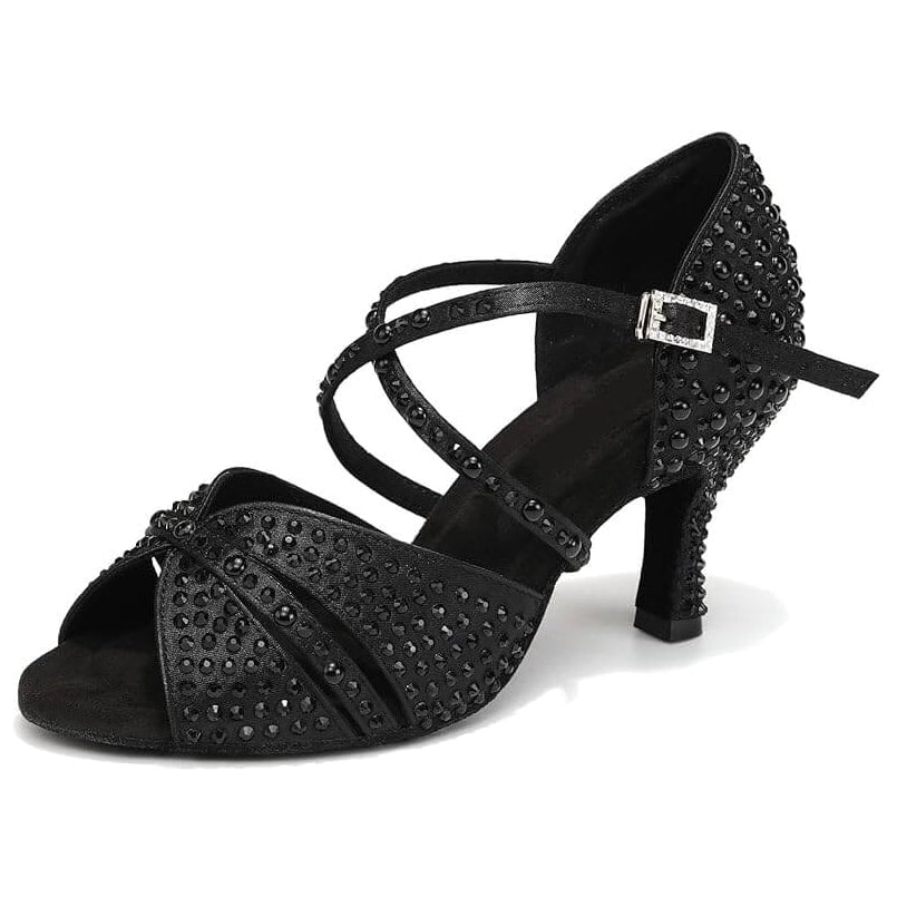 black glitter salsa dance shoe for women with black rhinestones and crystal buckle ankle strap