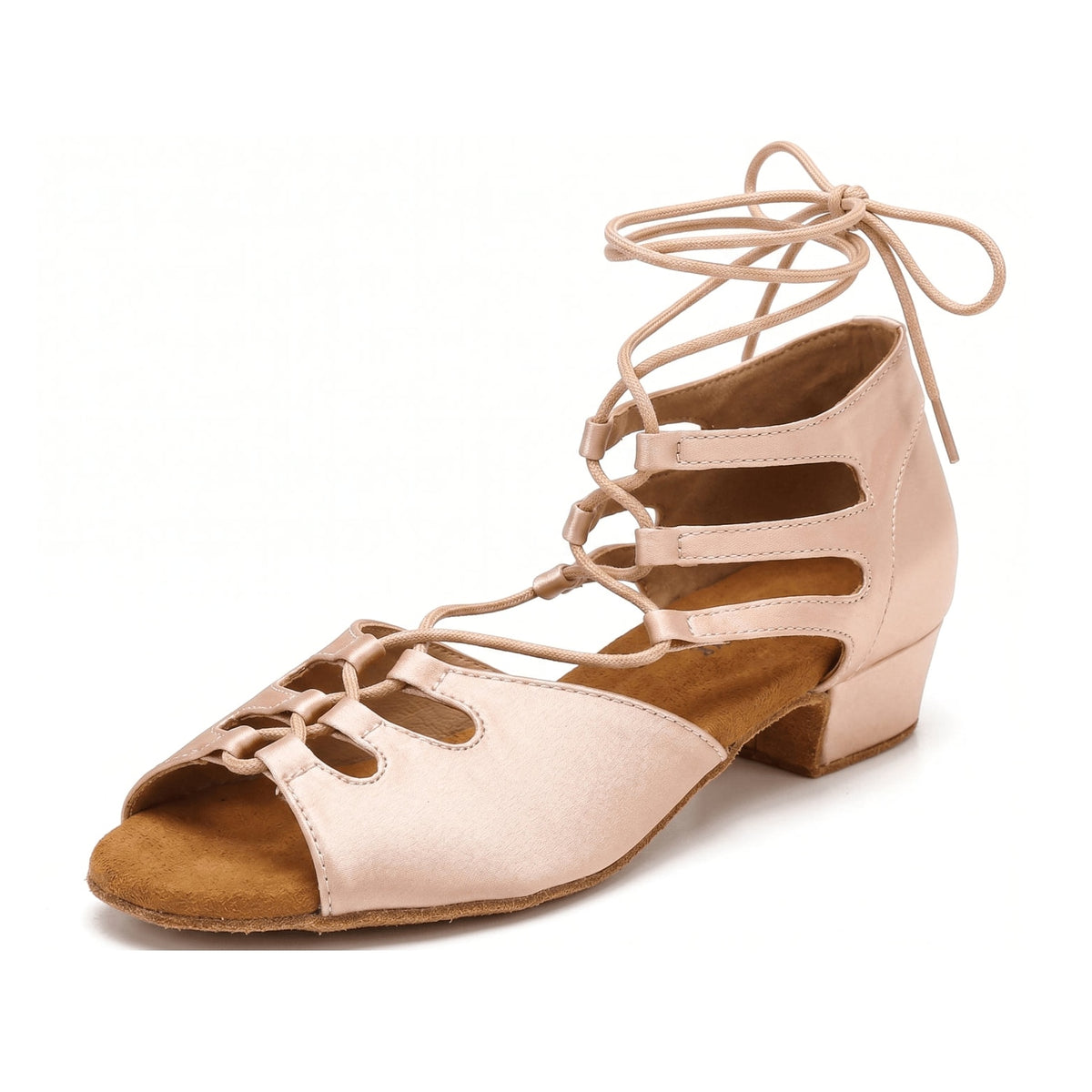 Flesh dance shoes 1.5inch heel front view, nude open toe lace-up