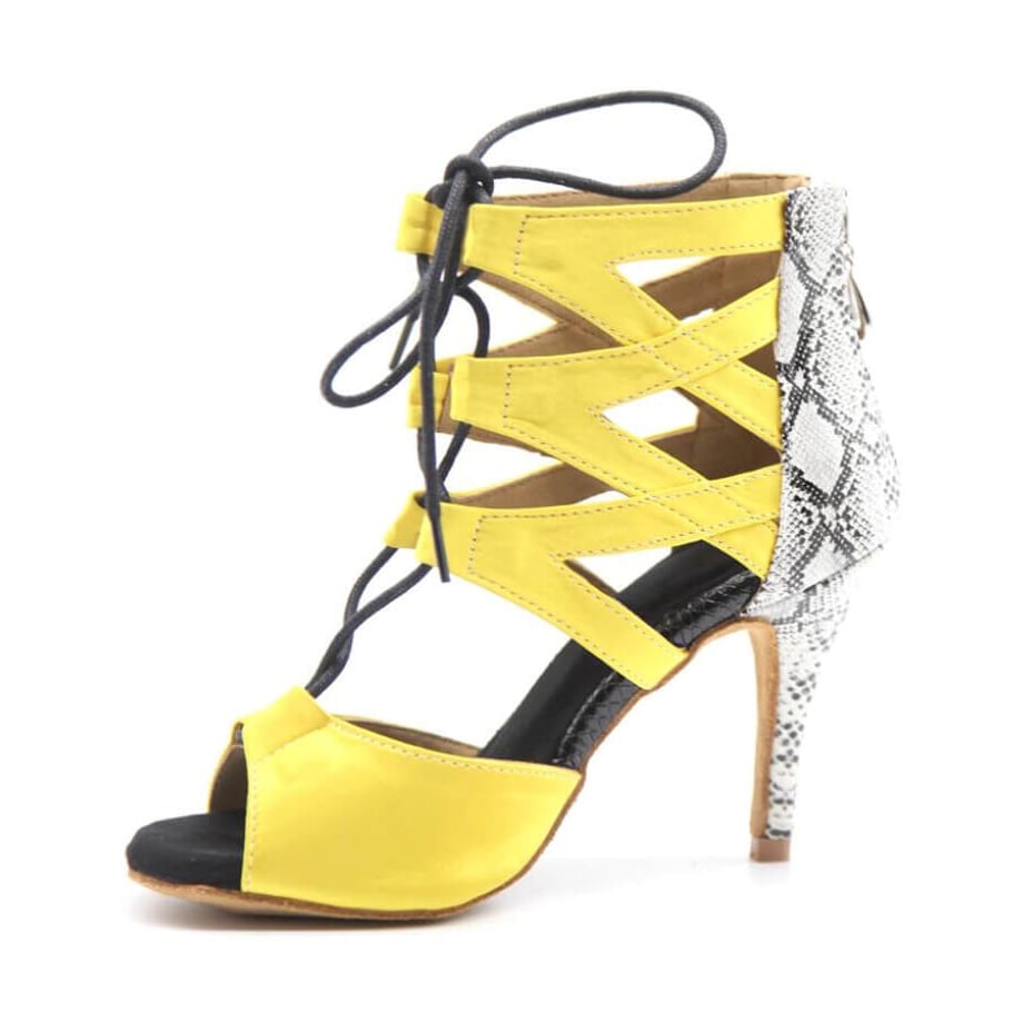 yellow satin cutout lace-up open-toe dance shoe for women with snakeskin back panel and zip