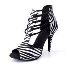 zebra print satin dance boot for women, looped front straps, peep toe and black-piped stiletto