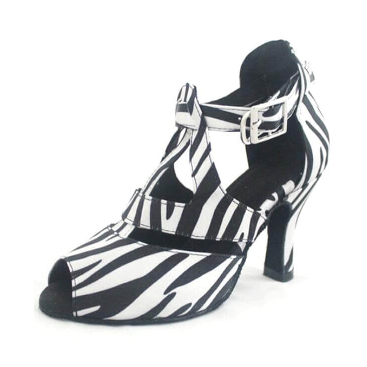 zebra print latin dance shoe for women with a T-strap vamp, oversized buckle and a block flared heel
