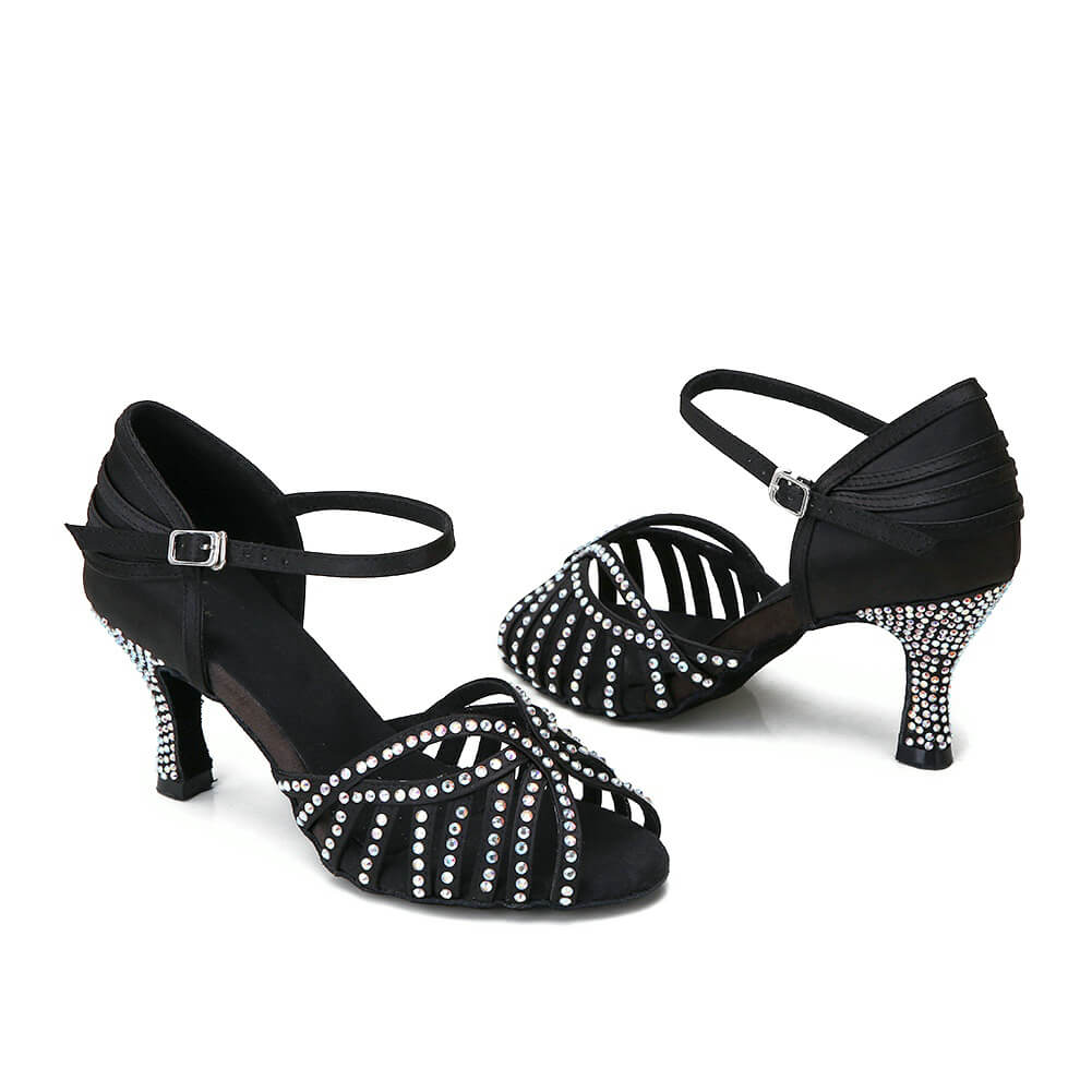 Black Satin Crystal Ballroom Dance Shoes Latin Salsa Dancing Shoes