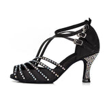 Black Satin Crystal Ballroom Dancing Shoes Strappy Latin Salsa Dance Shoes
