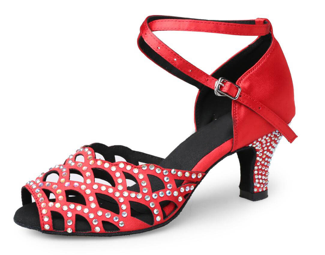 Red Satin Rhinestone Ballroom Dance Shoes Ladies Salsa Dance Shoes