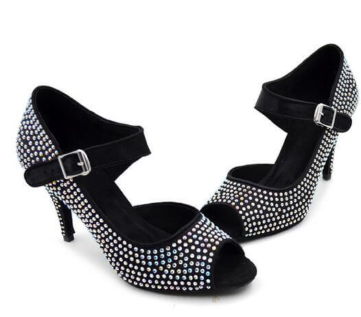 Black Satin Diamante Ballroom Dance Shoes Latin Salsa Bachata Dancing Shoes