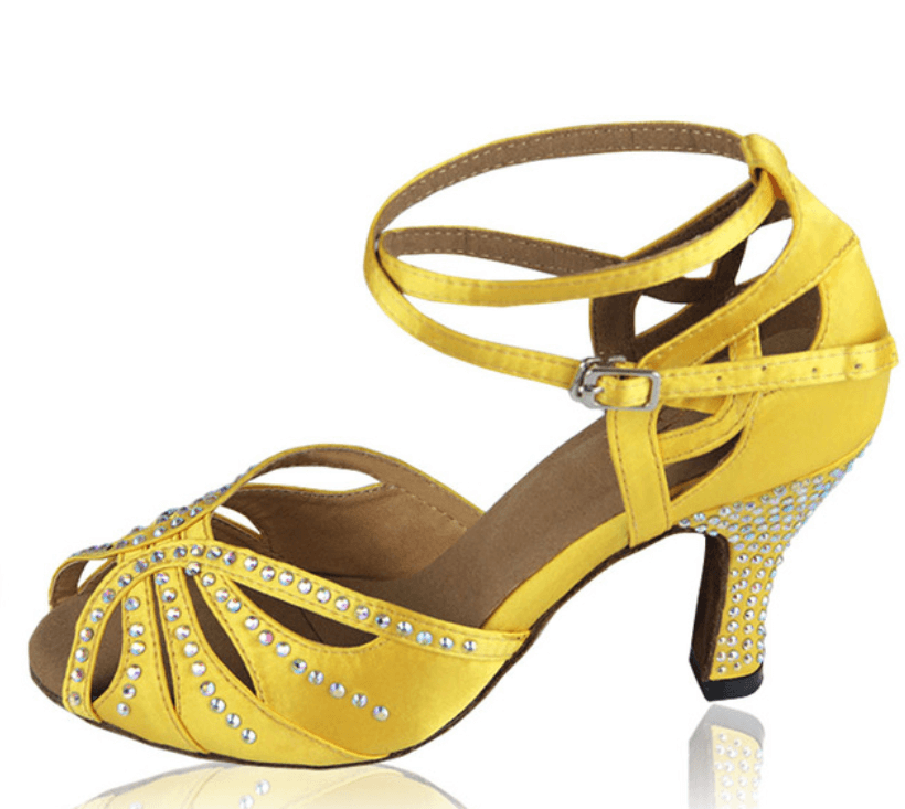 Yellow Satin Rhinestone Ballroom Dance Shoes Latin Salsa Dance Shoes