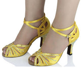 Yellow Satin Rhinestone Ballroom Dance Shoes Latin Salsa Dance Shoes