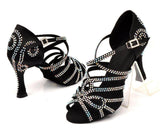 Black Satin Rhinestone Ballroom Dance Shoes Latin Salsa Performance Dance Shoes