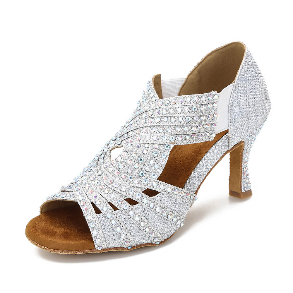 Rhinestone Ballroom Dance Shoes Silver Glitter Latin Salsa Dancing Shoes