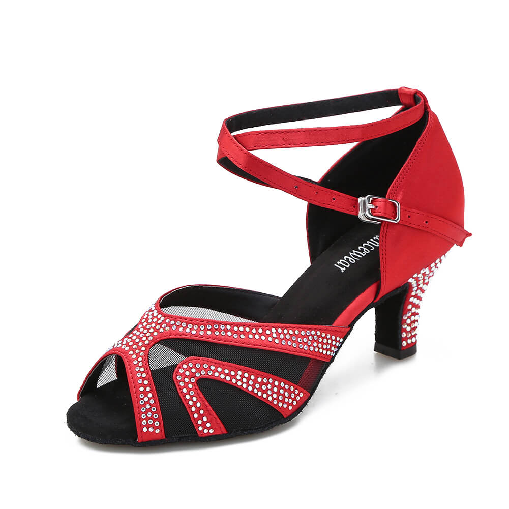 Red Satin Diamante Ballroom Dance Shoes Latin Salsa Dance Shoes
