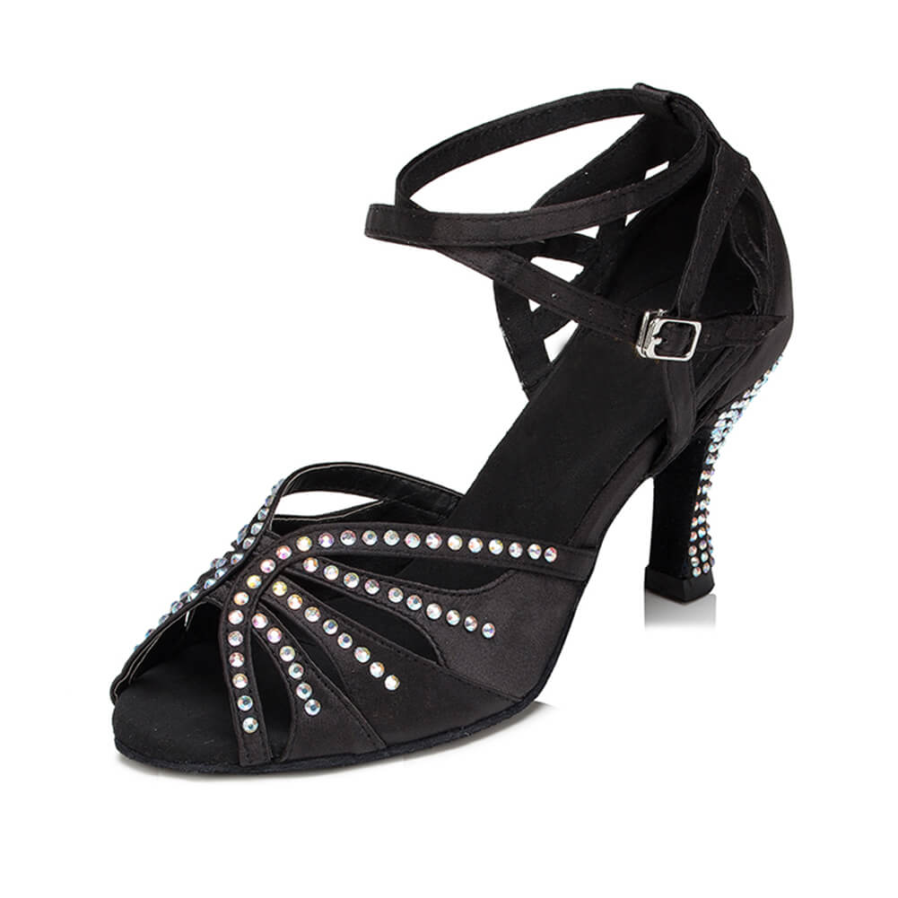 Black Satin Diamante Ballroom Dance Shoes Latin Salsa Dancing Shoes