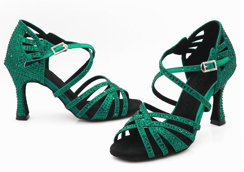Green Rhinestone Ballroom Dancing Shoes Latin Salsa Bachata Dance Shoes