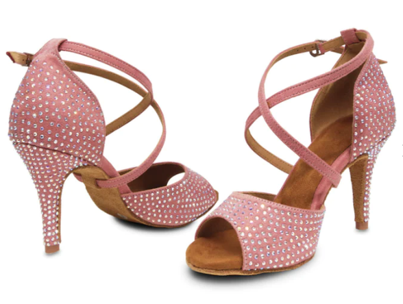 Pink Suede Diamante Ballroom Dance Shoes Latin Salsa Bachata Dance Heels