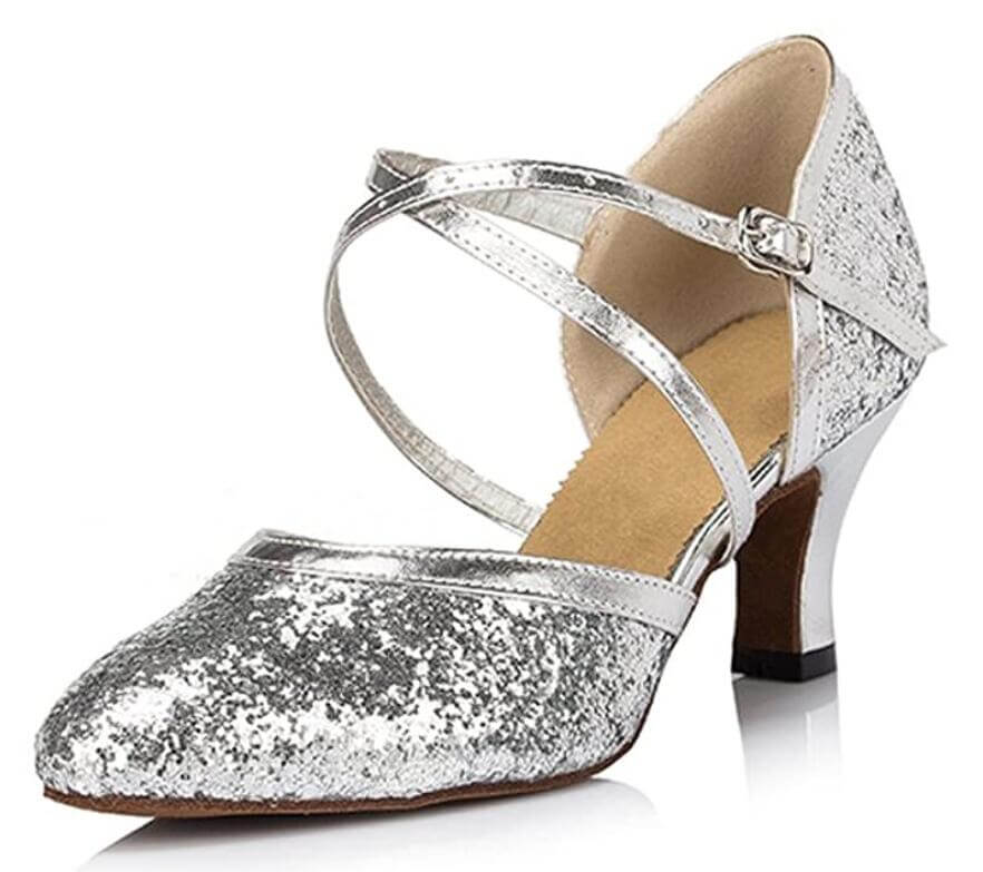 Silver Glitter Ballroom Dance Shoes Latin Salsa Closed Toe Dance Heels
