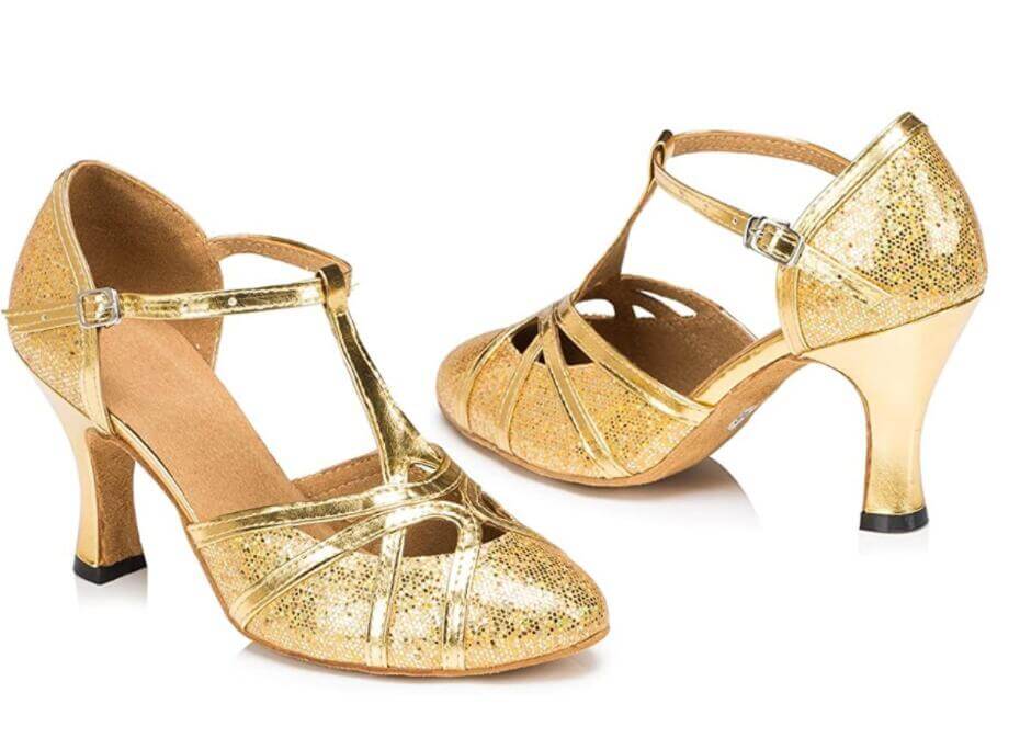 Gold Glitter T Straps Ballroom Dancing Shoes Latin Salsa Waltz Dance Shoes