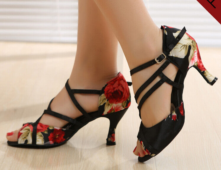 Black Flower Print Ballroom Shoes Latin Salsa Dance Shoes