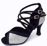 Black Satin Silver Sparkle Dance Shoes Salsa Dancing Shoes