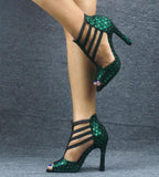 Green Feather Print Ballroom Dance Boots Latin Salsa Bachata Dancing Boots