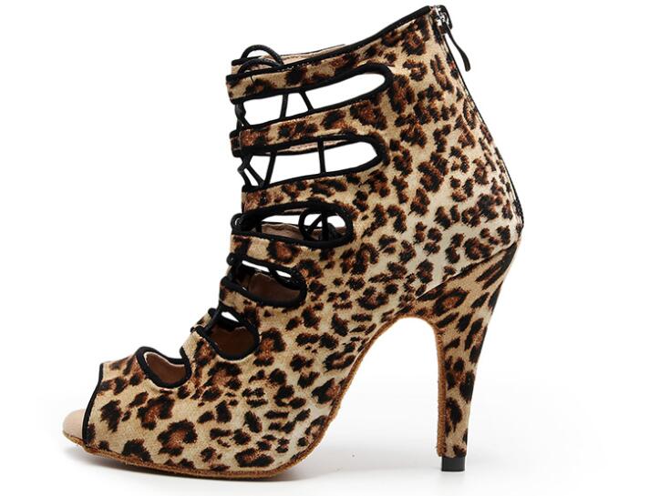 Leopard Suede Fashion Dance Boots Lace Up Salsa Latin Dance Heels